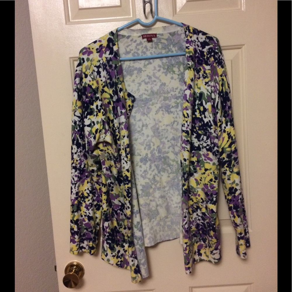 Merona cardigan with yellow green navy and purple